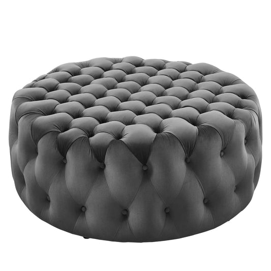 Amour Tufted Button Large Round Performance Velvet Ottoman Gray EEI-5469-GRY