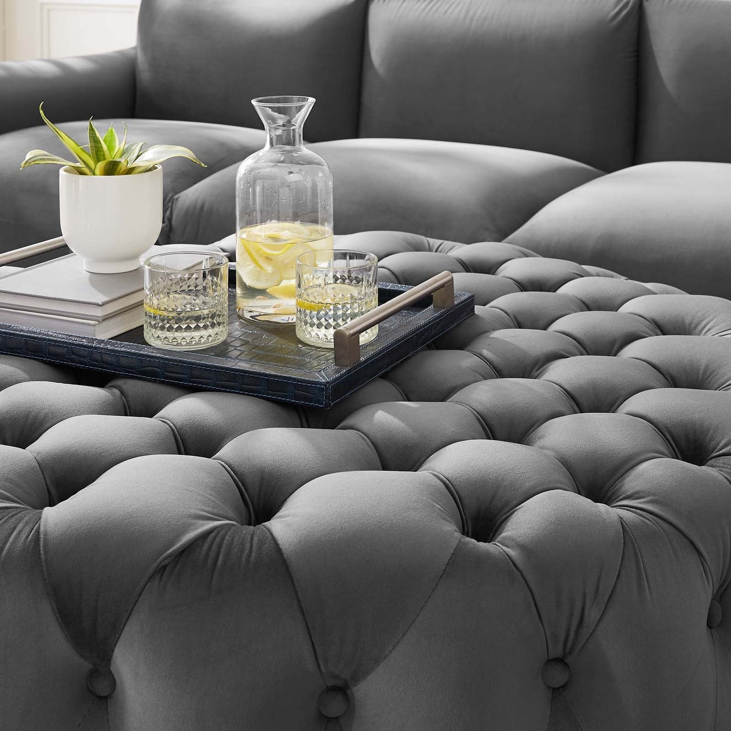 Amour Tufted Button Large Round Performance Velvet Ottoman Gray EEI-5469-GRY