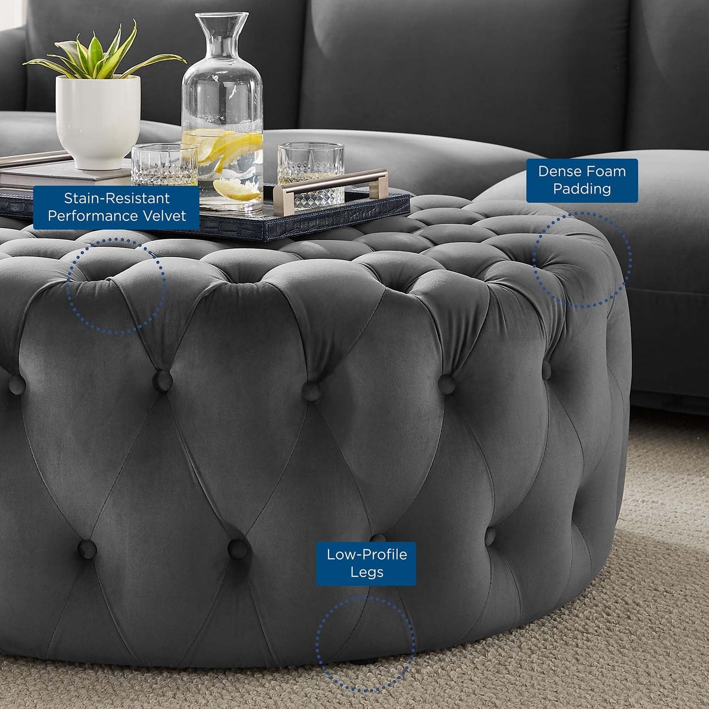 Amour Tufted Button Large Round Performance Velvet Ottoman Gray EEI-5469-GRY