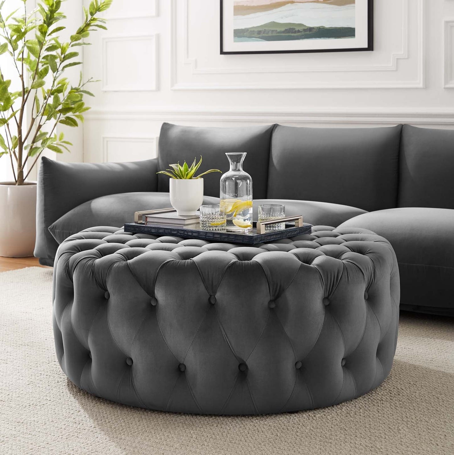 Amour Tufted Button Large Round Performance Velvet Ottoman Gray EEI-5469-GRY