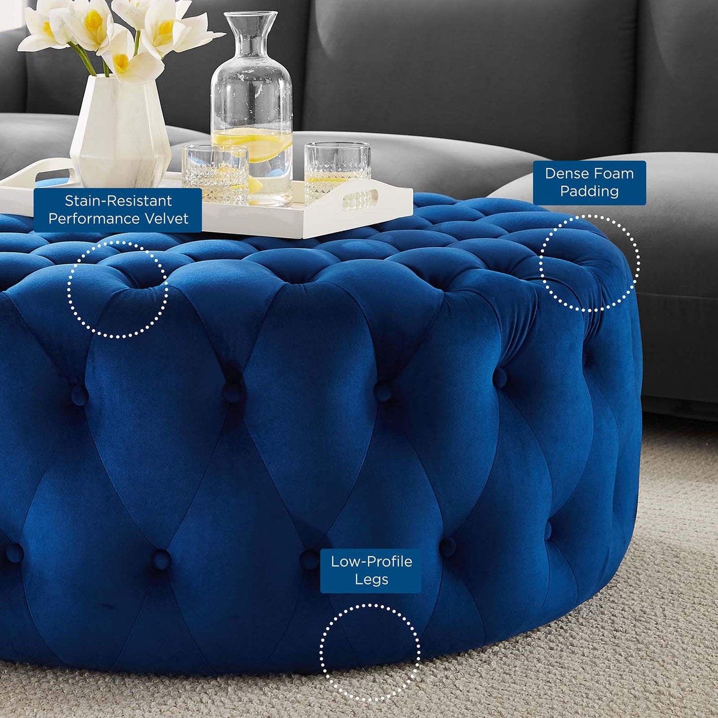 Amour Tufted Button Large Round Performance Velvet Ottoman Navy EEI-5469-NAV