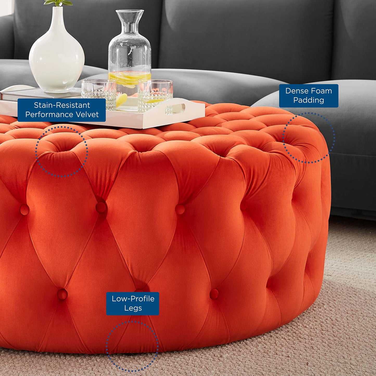 Amour Tufted Button Large Round Performance Velvet Ottoman Orange EEI-5469-ORA