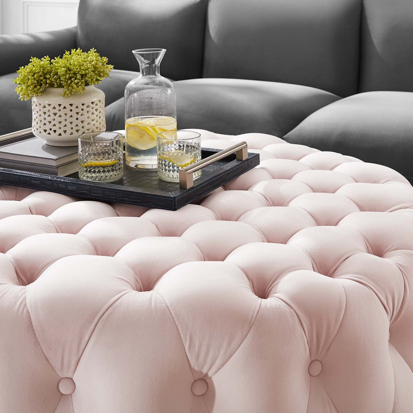 Amour Tufted Button Large Round Performance Velvet Ottoman Pink EEI-5469-PNK