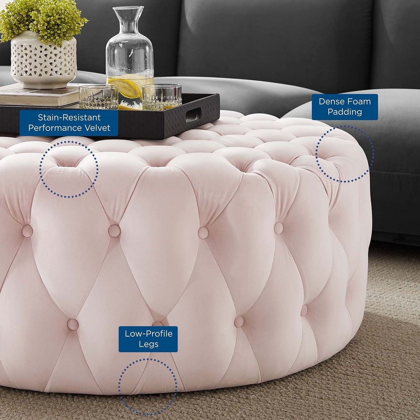 Amour Tufted Button Large Round Performance Velvet Ottoman Pink EEI-5469-PNK