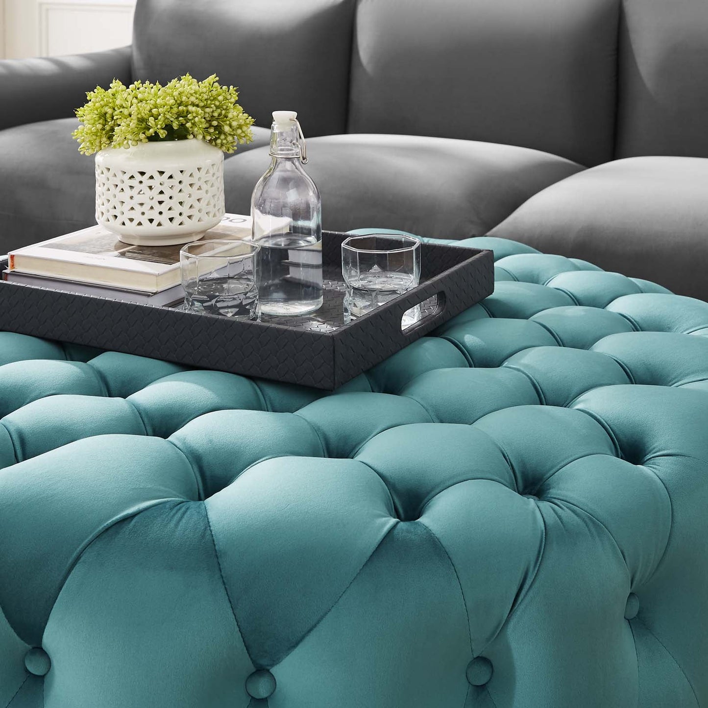 Amour Tufted Button Large Round Performance Velvet Ottoman Sea Blue EEI-5469-SEA
