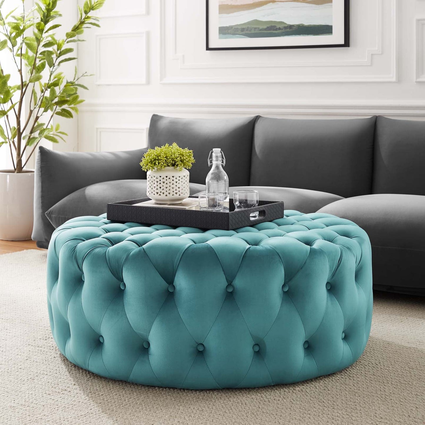 Amour Tufted Button Large Round Performance Velvet Ottoman Sea Blue EEI-5469-SEA
