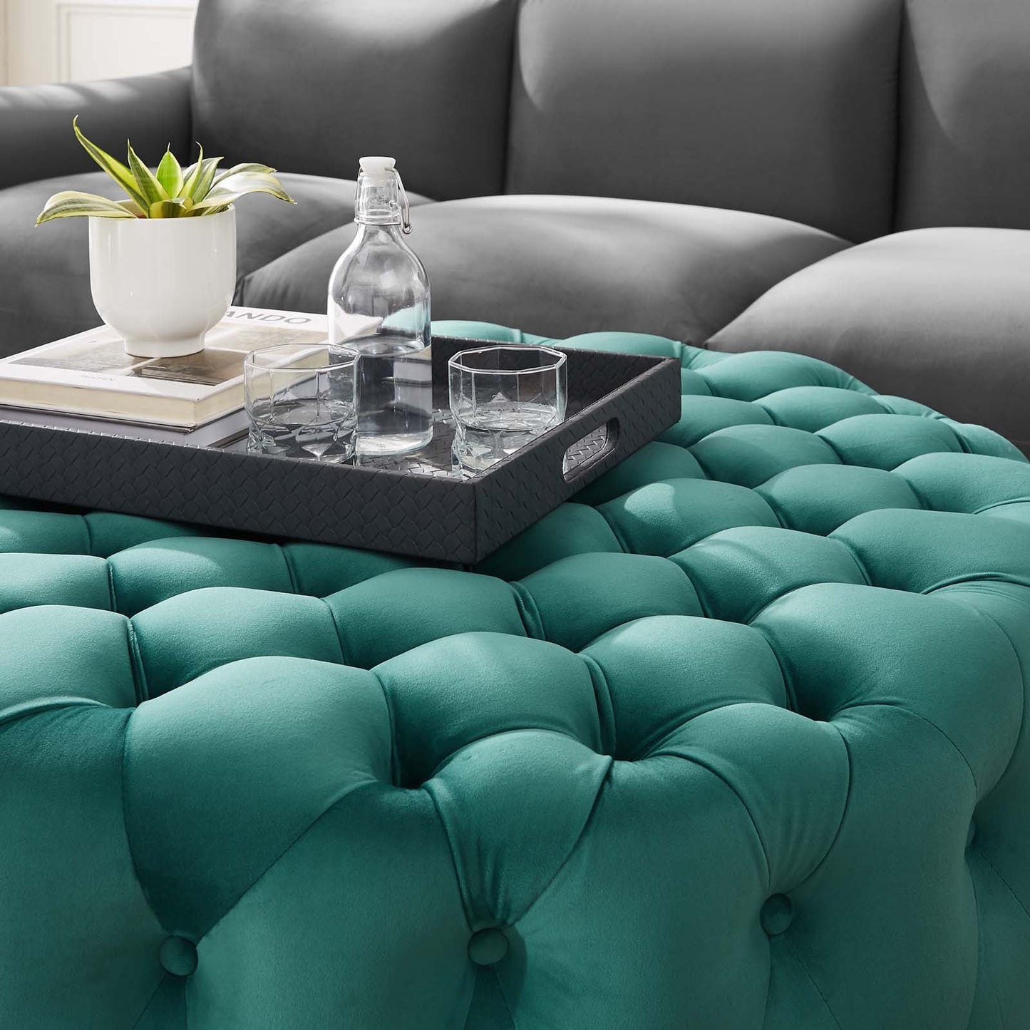 Amour Tufted Button Large Round Performance Velvet Ottoman Teal EEI-5469-TEA