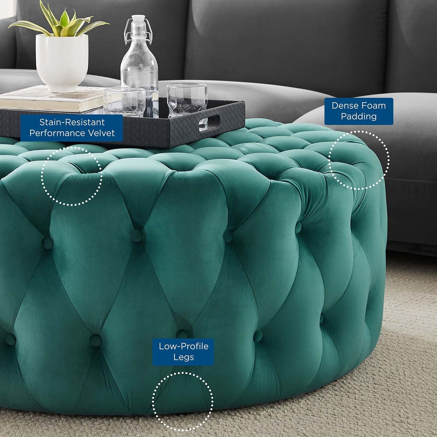 Amour Tufted Button Large Round Performance Velvet Ottoman Teal EEI-5469-TEA