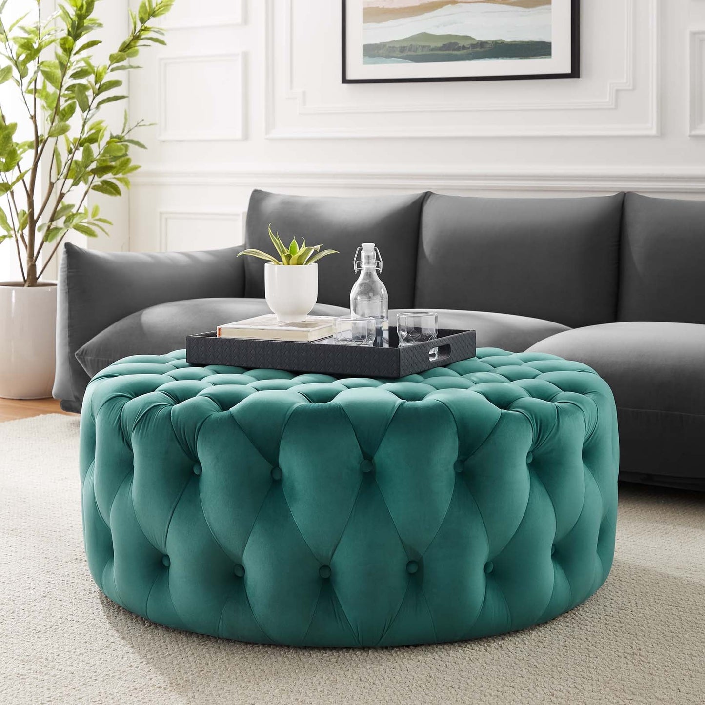 Amour Tufted Button Large Round Performance Velvet Ottoman Teal EEI-5469-TEA