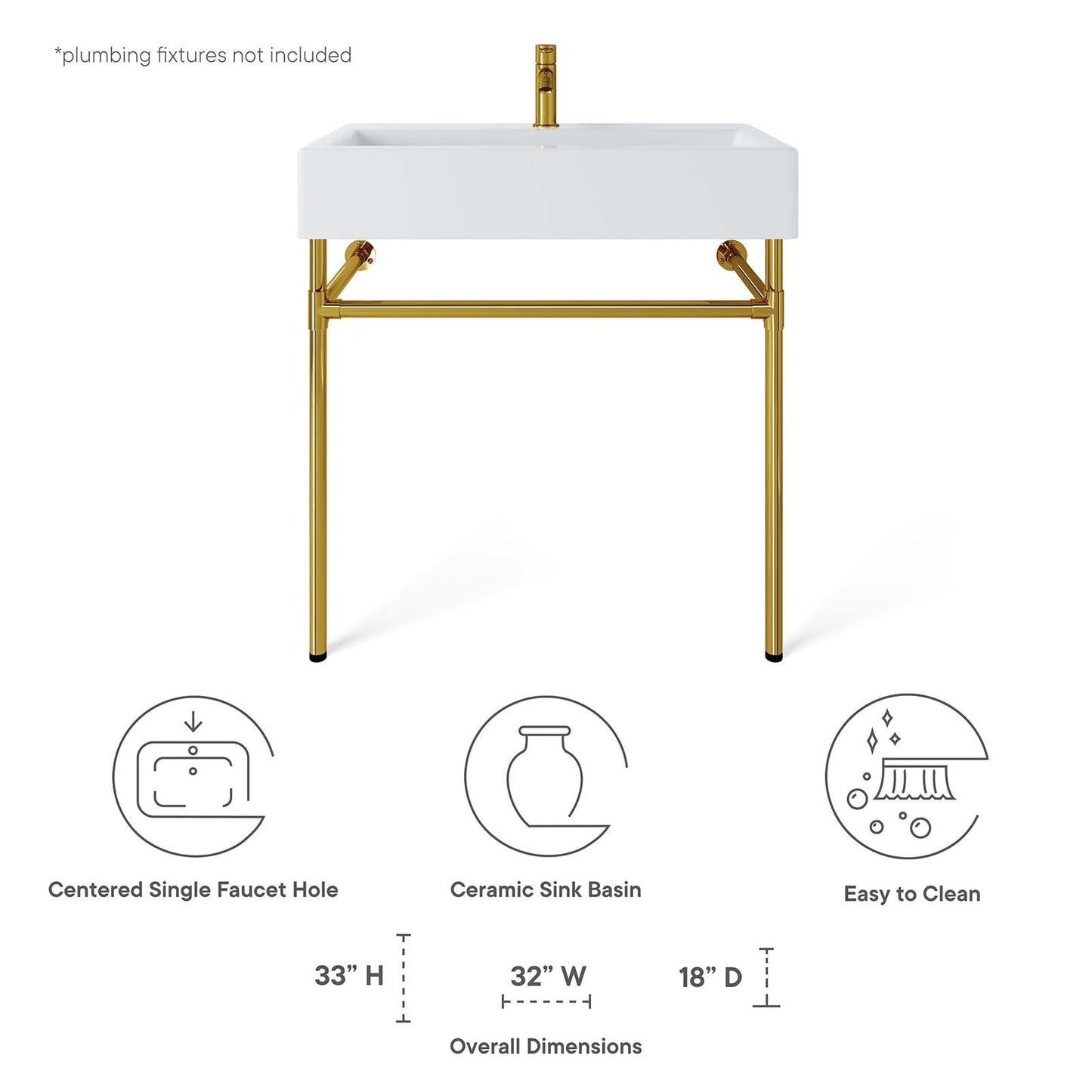 Redeem 32" Wall-Mount Gold Stainless Steel Bathroom Vanity Gold White EEI-5540-GLD-WHI