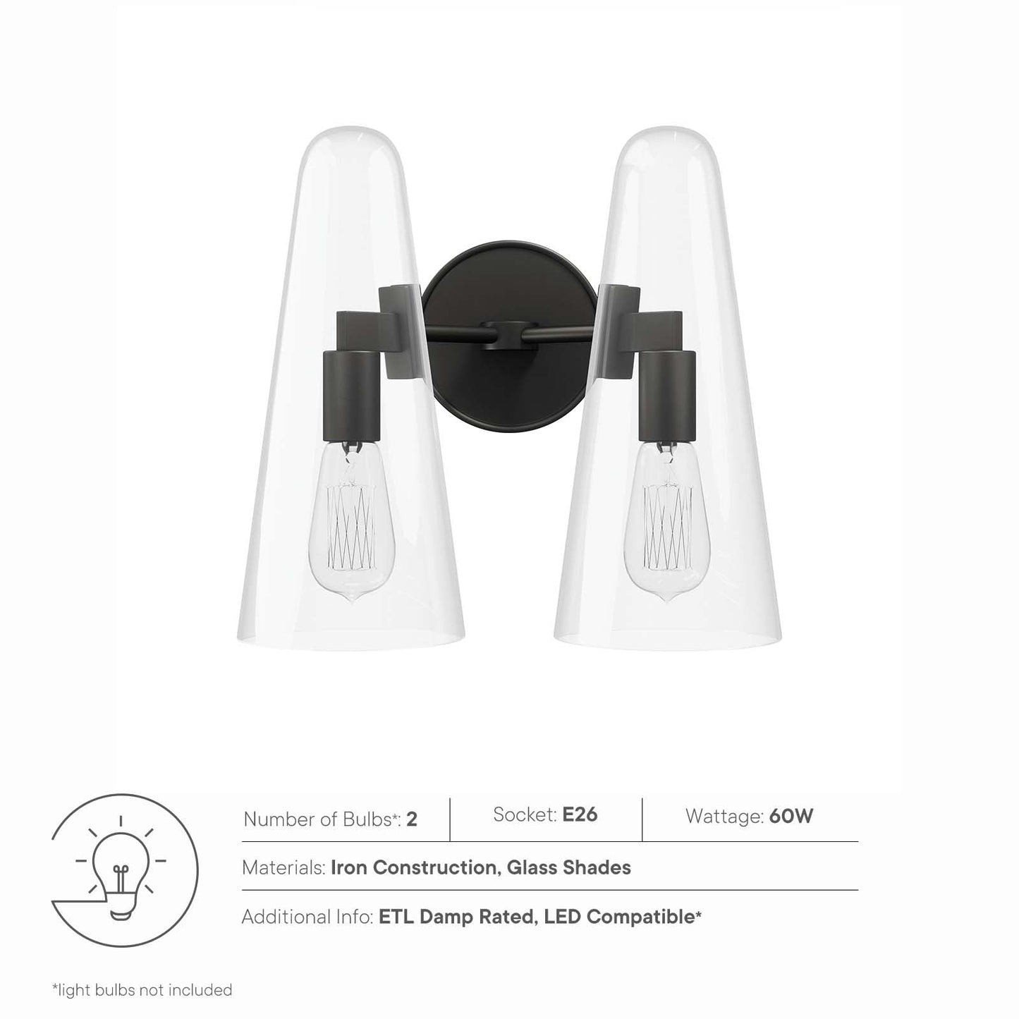 Beacon 2-Light Wall Sconce Clear Black EEI-5646-CLR-BLK