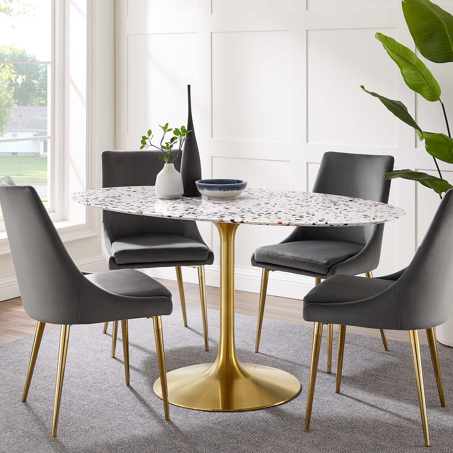 Lippa 60" Oval Dining Table with Gold Base and Artificial Marble or Wood Options