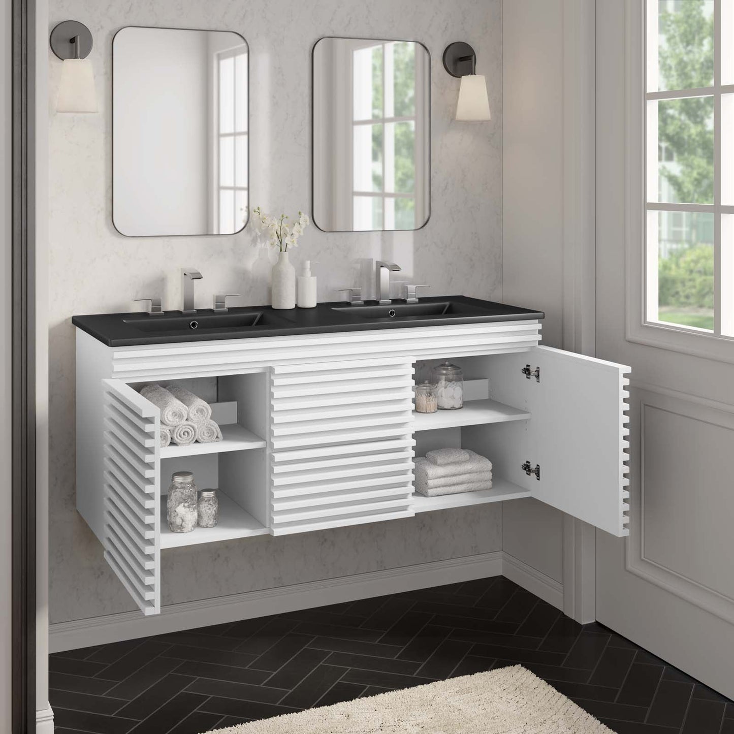 Render 48" Wall-Mount Bathroom Vanity White Black EEI-5802-WHI-BLK
