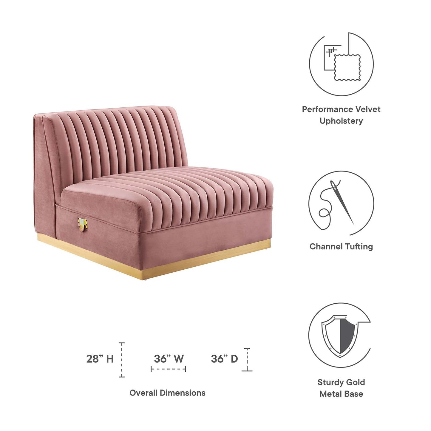 Sanguine Channel Tufted Performance Velvet Modular Sectional Sofa Armless Chair Dusty Rose EEI-6033-DUS