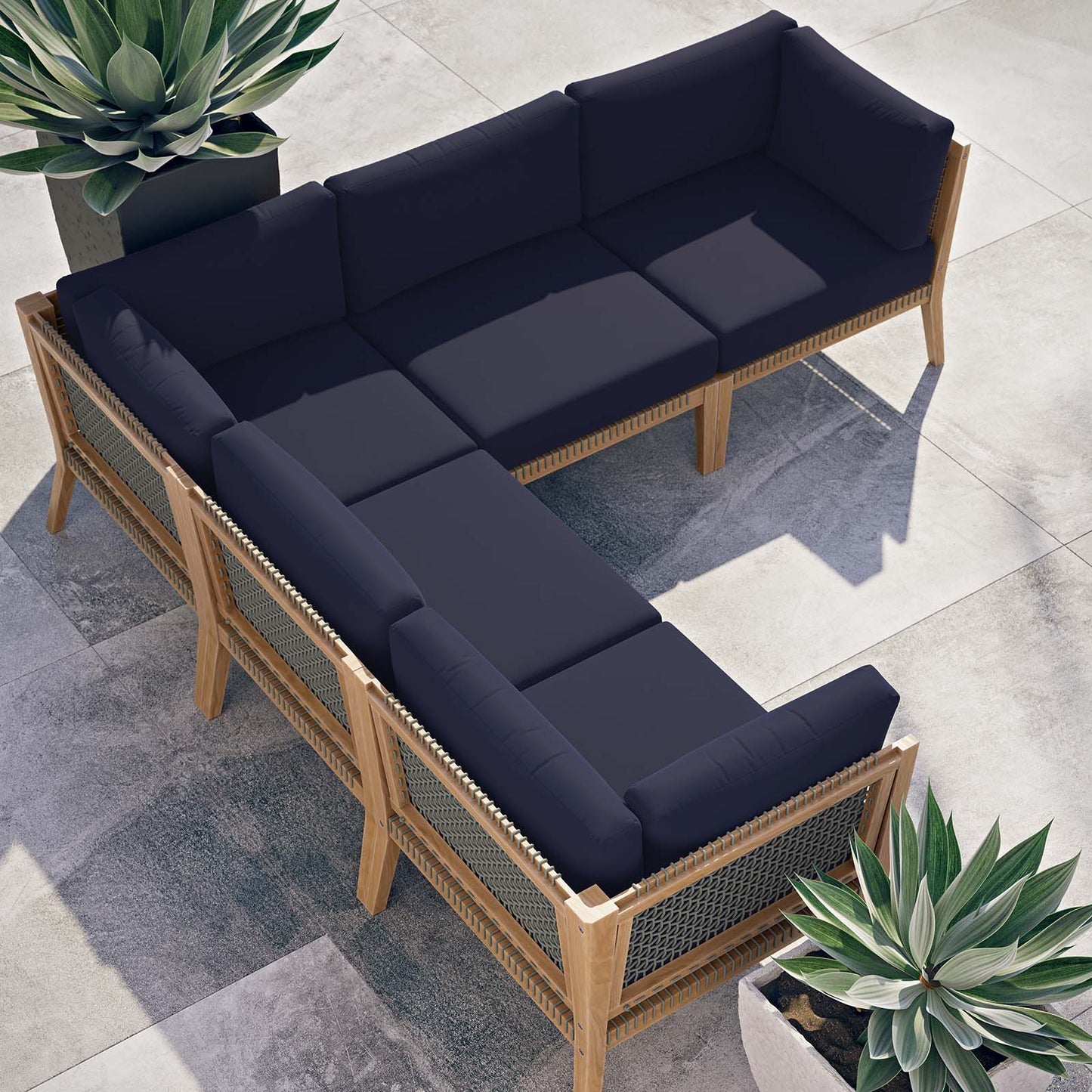 Clearwater Outdoor Patio Teak Wood 5-Piece Sectional Sofa Gray Navy EEI-6123-GRY-NAV