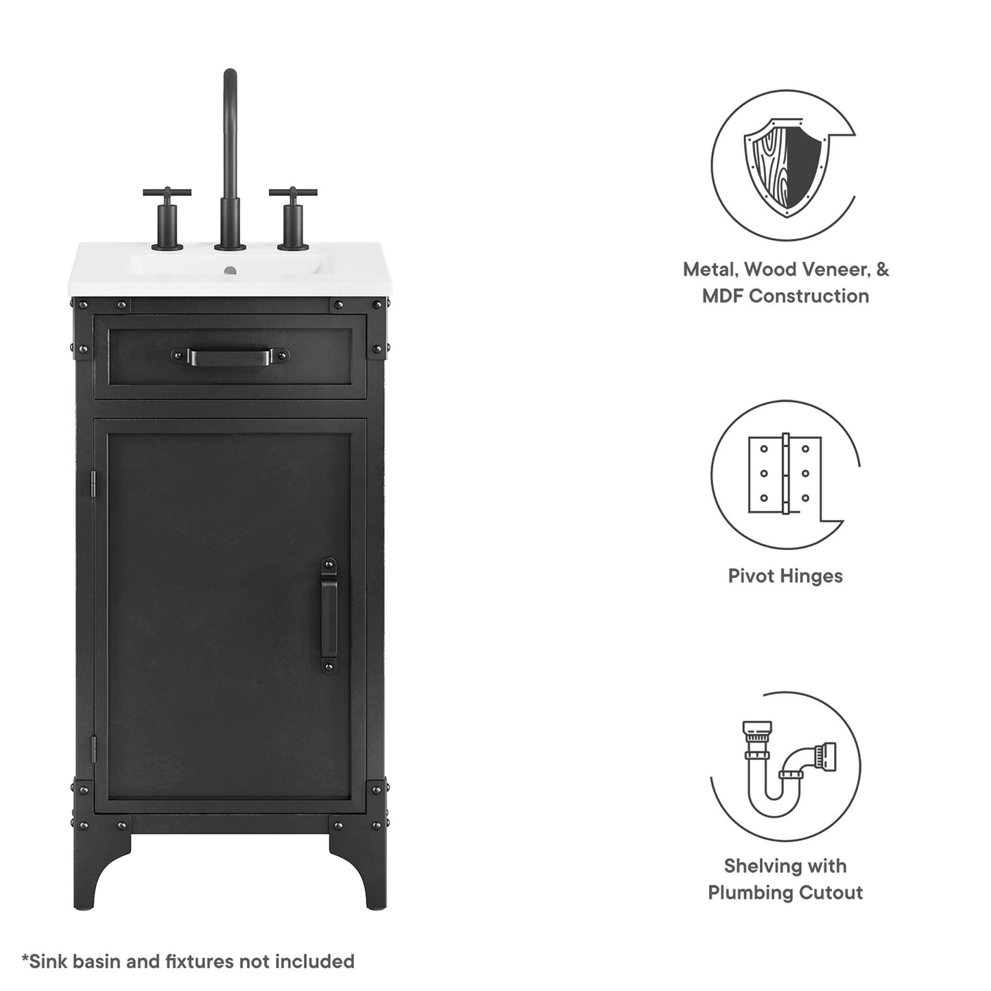 Steamforge 18" Bathroom Vanity Cabinet (Sink Basin Not Included) by Modway EEI-6126-BLK-WAL
