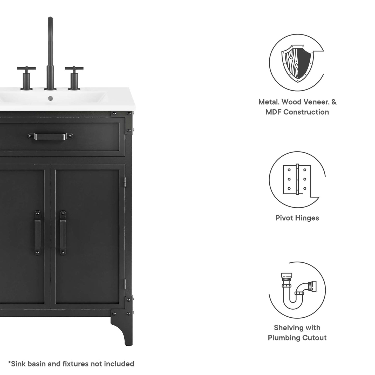 Steamforge 24" Bathroom Vanity Cabinet (Sink Basin Not Included) by Modway EEI-6127-BLK-WAL