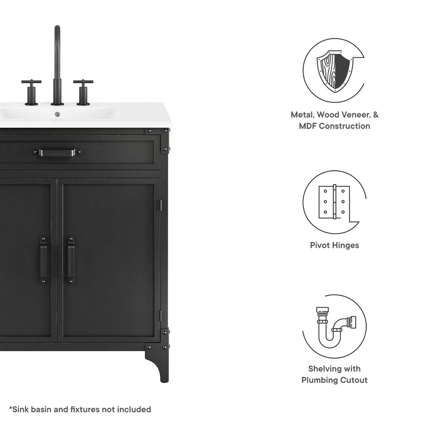 Steamforge 30" Bathroom Vanity Cabinet (Sink Basin Not Included) by Modway EEI-6128-BLK-WAL