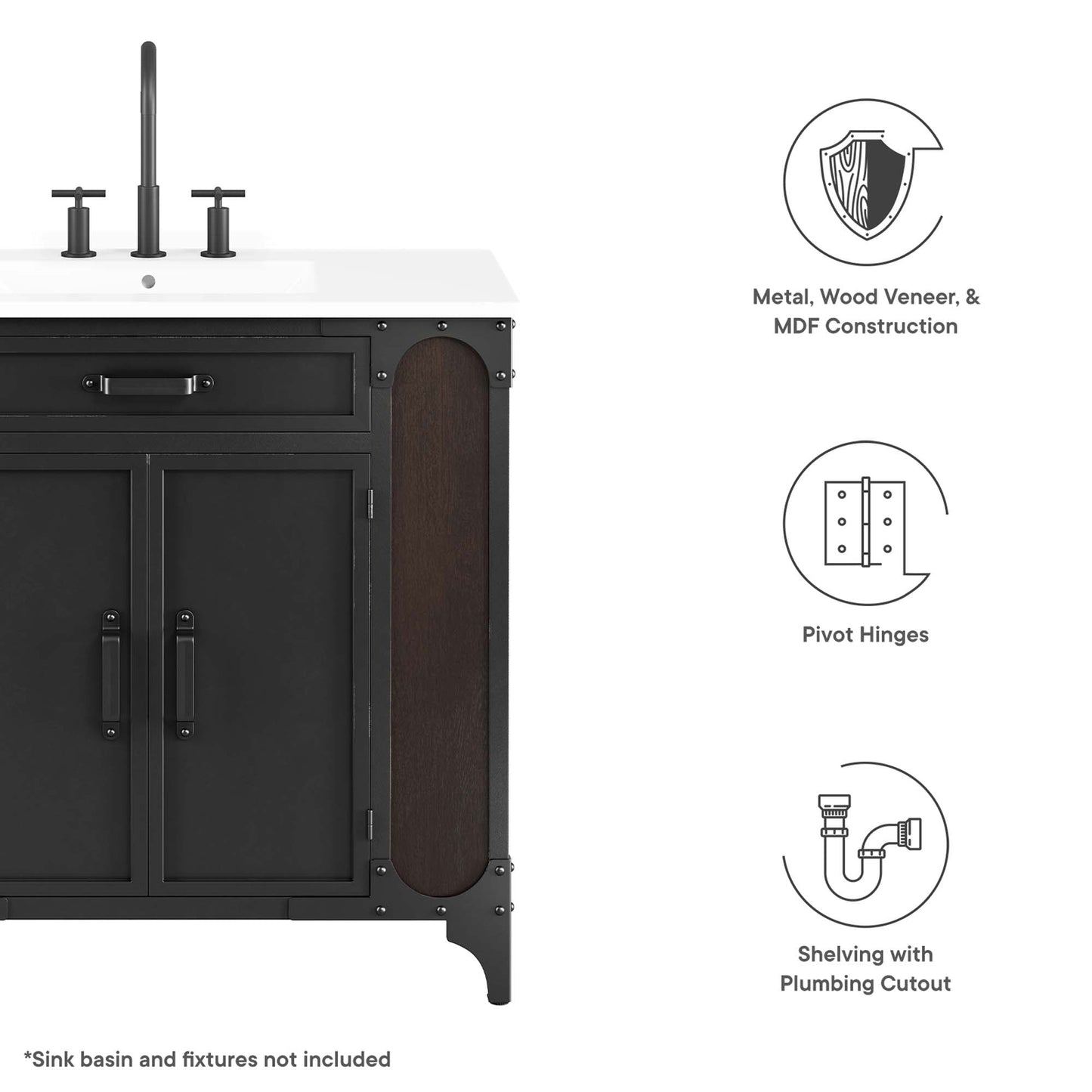 Steamforge 36" Bathroom Vanity Cabinet (Sink Basin Not Included) by Modway EEI-6129-BLK-WAL