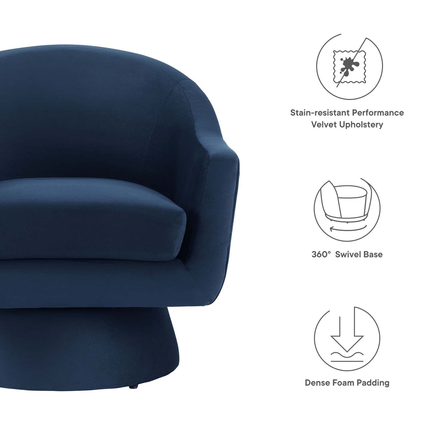 Astral Performance Velvet Fabric and Wood Swivel Chair Midnight Blue EEI-6360-MID