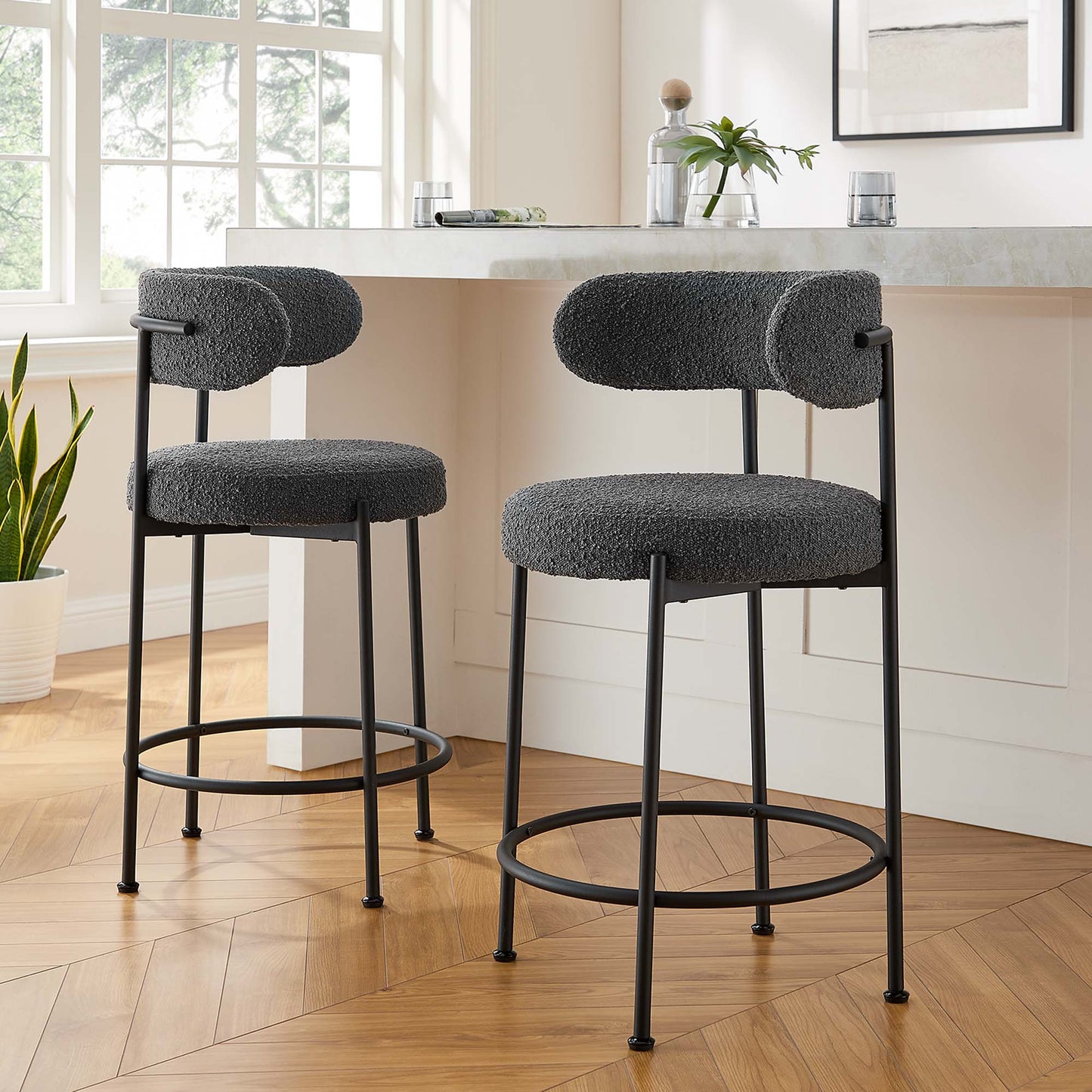 Albie Boucle Fabric Counter Stools Set of 2 by Modway EEI-6518-CHA-BLK