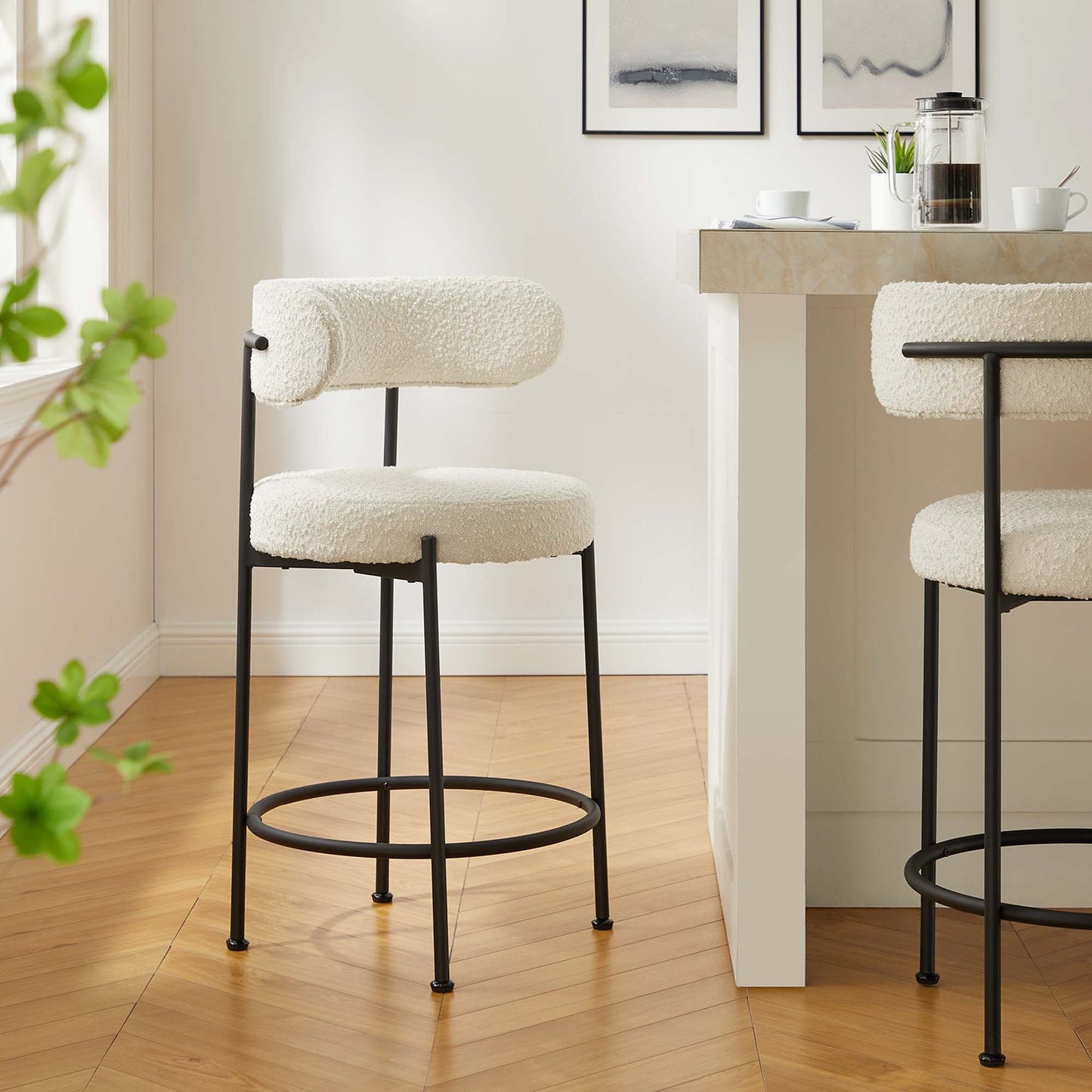 Albie Boucle Fabric Counter Stools Set of 2 by Modway EEI-6518-IVO-BLK
