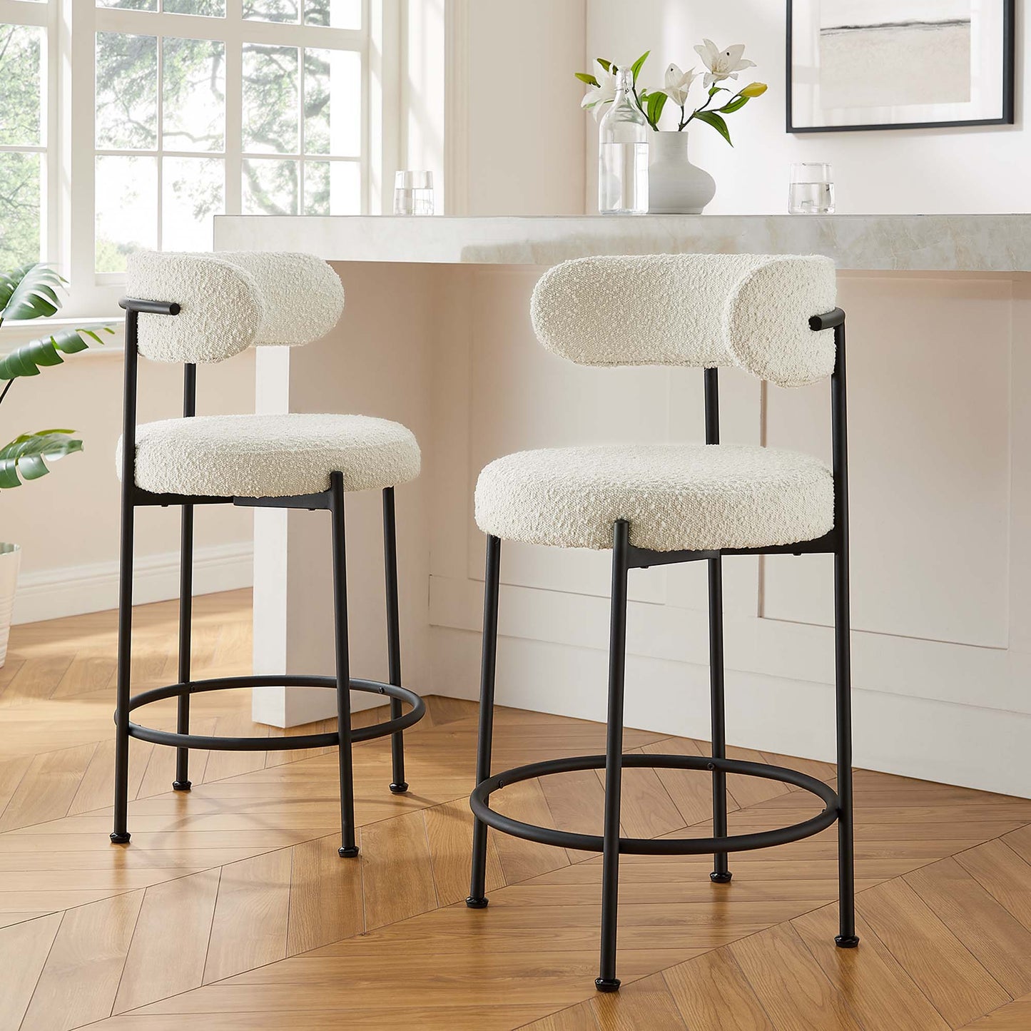 Albie Boucle Fabric Counter Stools Set of 2 by Modway EEI-6518-IVO-BLK