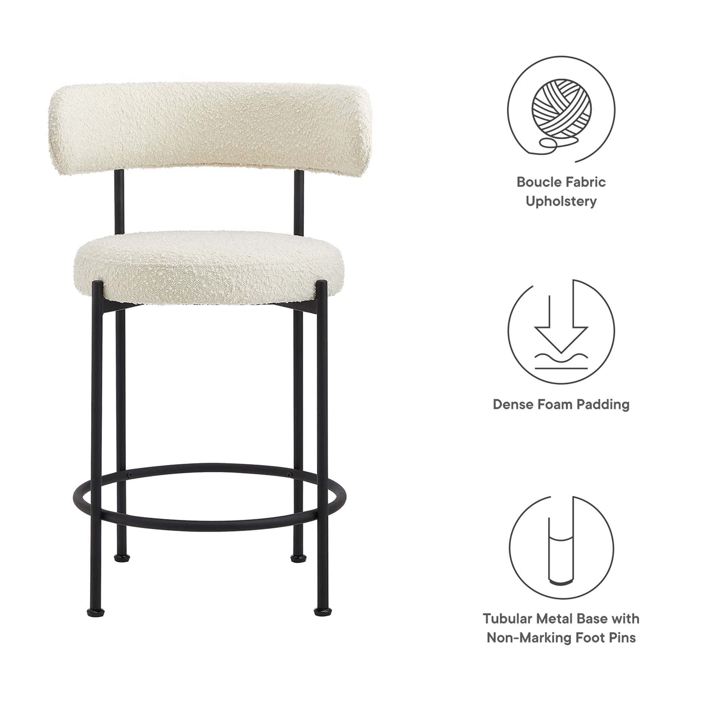 Albie Boucle Fabric Counter Stools Set of 2 by Modway EEI-6518-IVO-BLK