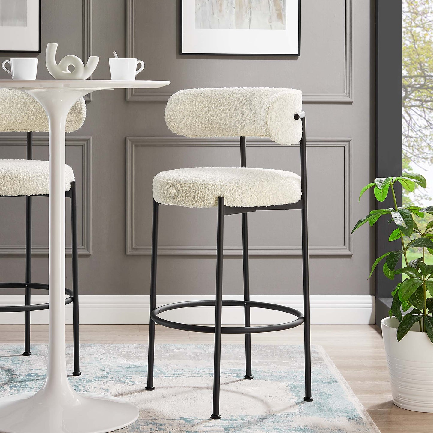 Albie Boucle Fabric Bar Stools Set of 2 by Modway EEI-6520-IVO-BLK