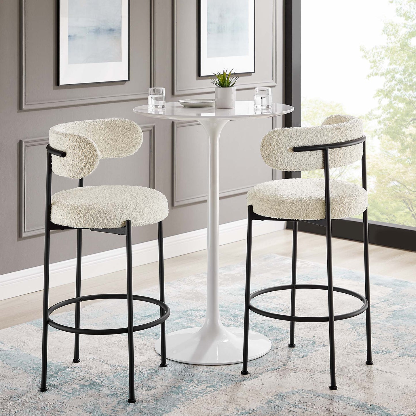 Albie Boucle Fabric Bar Stools Set of 2 by Modway EEI-6520-IVO-BLK