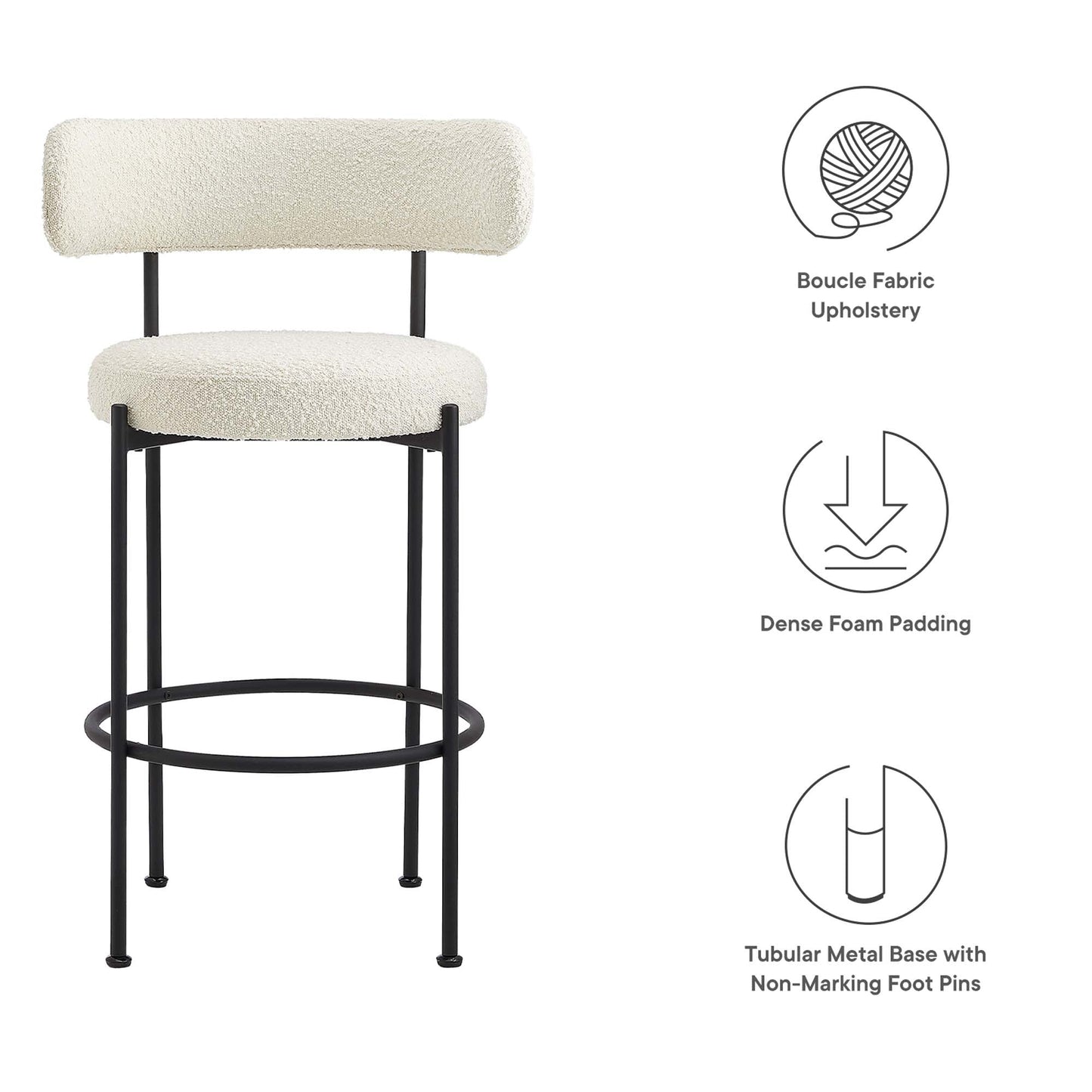 Albie Boucle Fabric Bar Stools Set of 2 by Modway EEI-6520-IVO-BLK