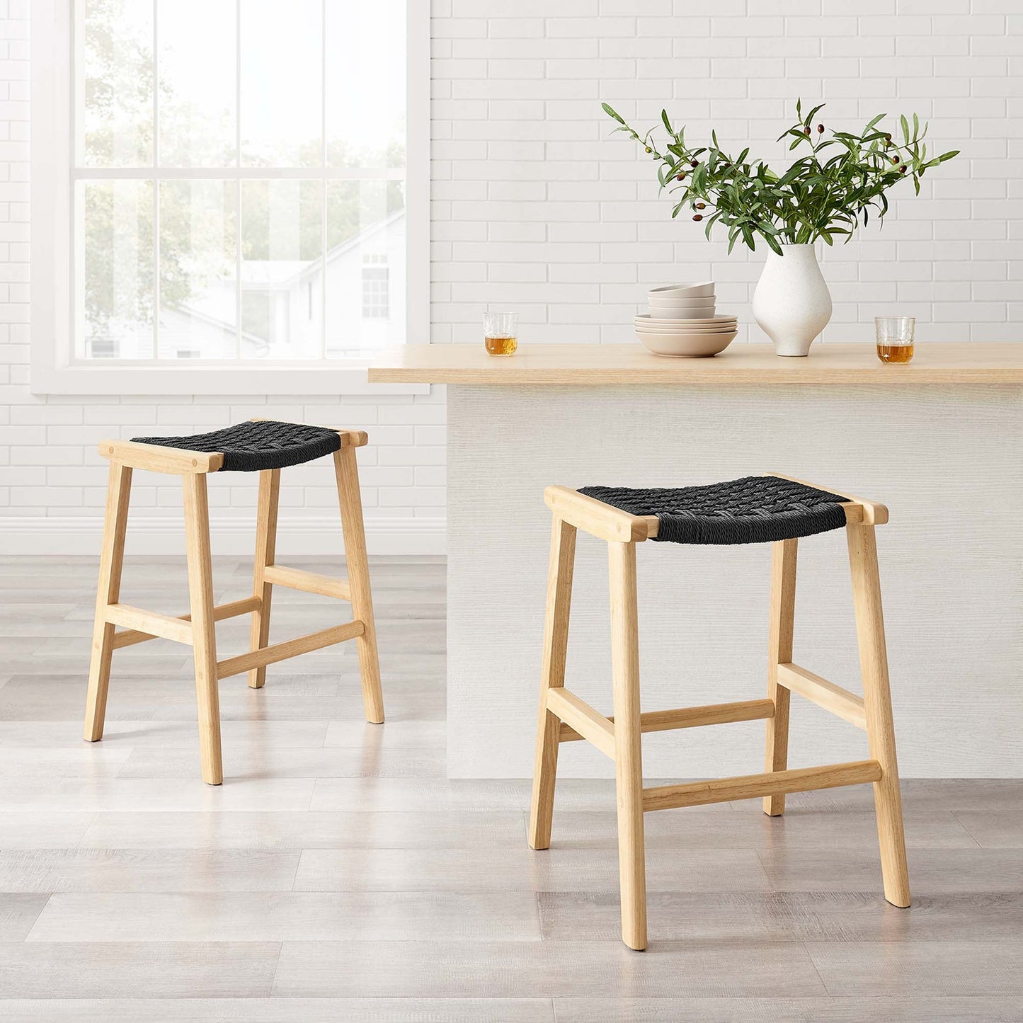 Saoirse Woven Rope Wood Counter Stool Set of 2 by Modway EEI-6548-NAT-BLK