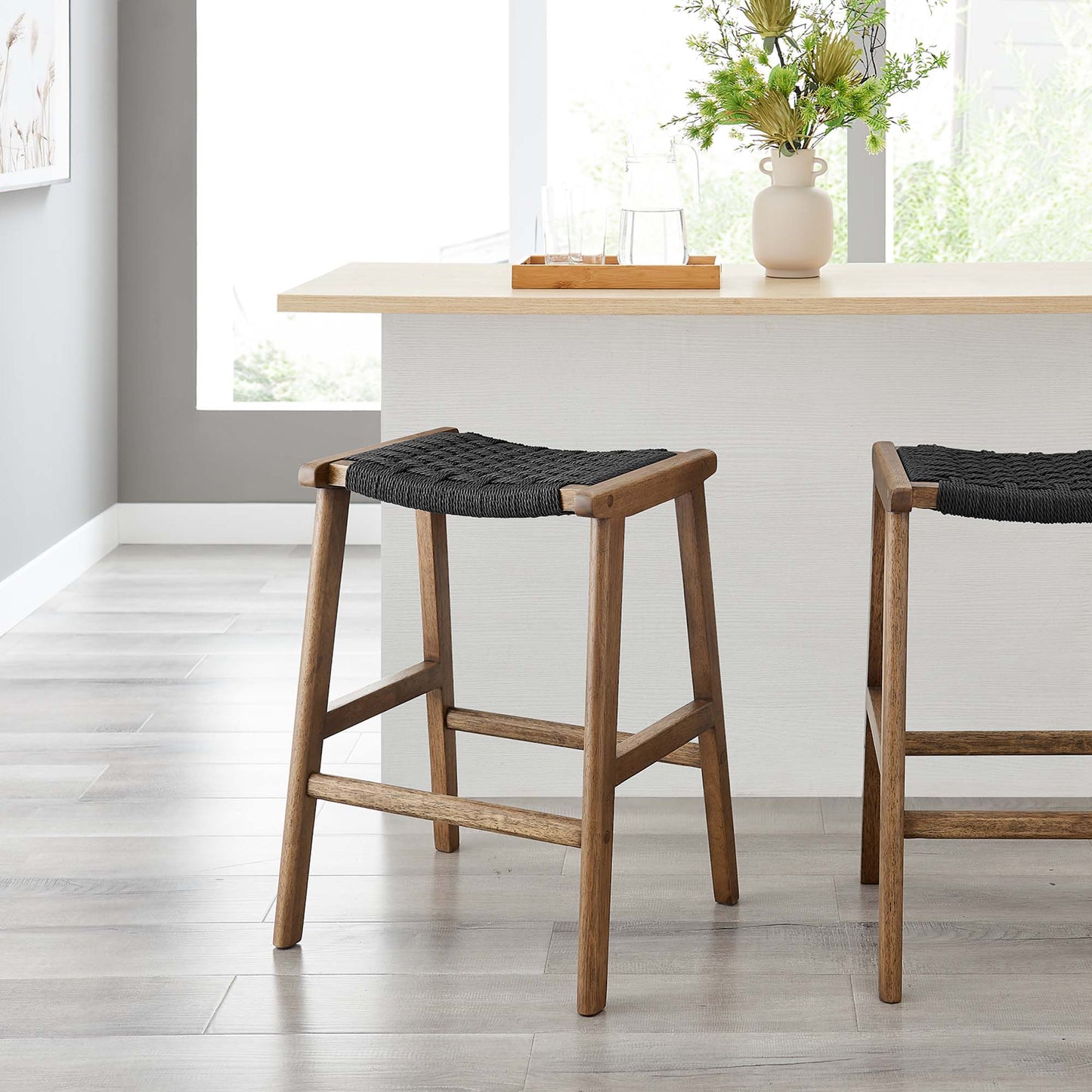 Saoirse Woven Rope Wood Counter Stool Set of 2 by Modway EEI-6548-WAL-BLK
