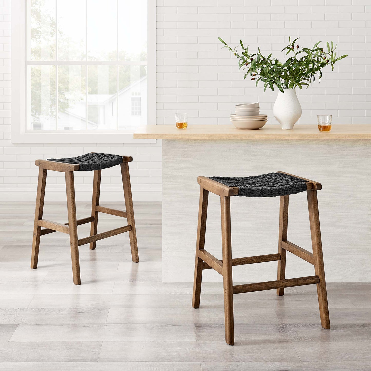 Saoirse Woven Rope Wood Counter Stool Set of 2 by Modway EEI-6548-WAL-BLK