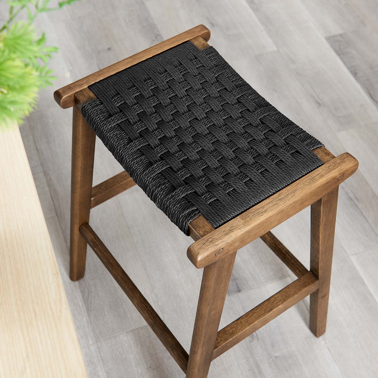 Saoirse Woven Rope Wood Counter Stool Set of 2 by Modway EEI-6548-WAL-BLK