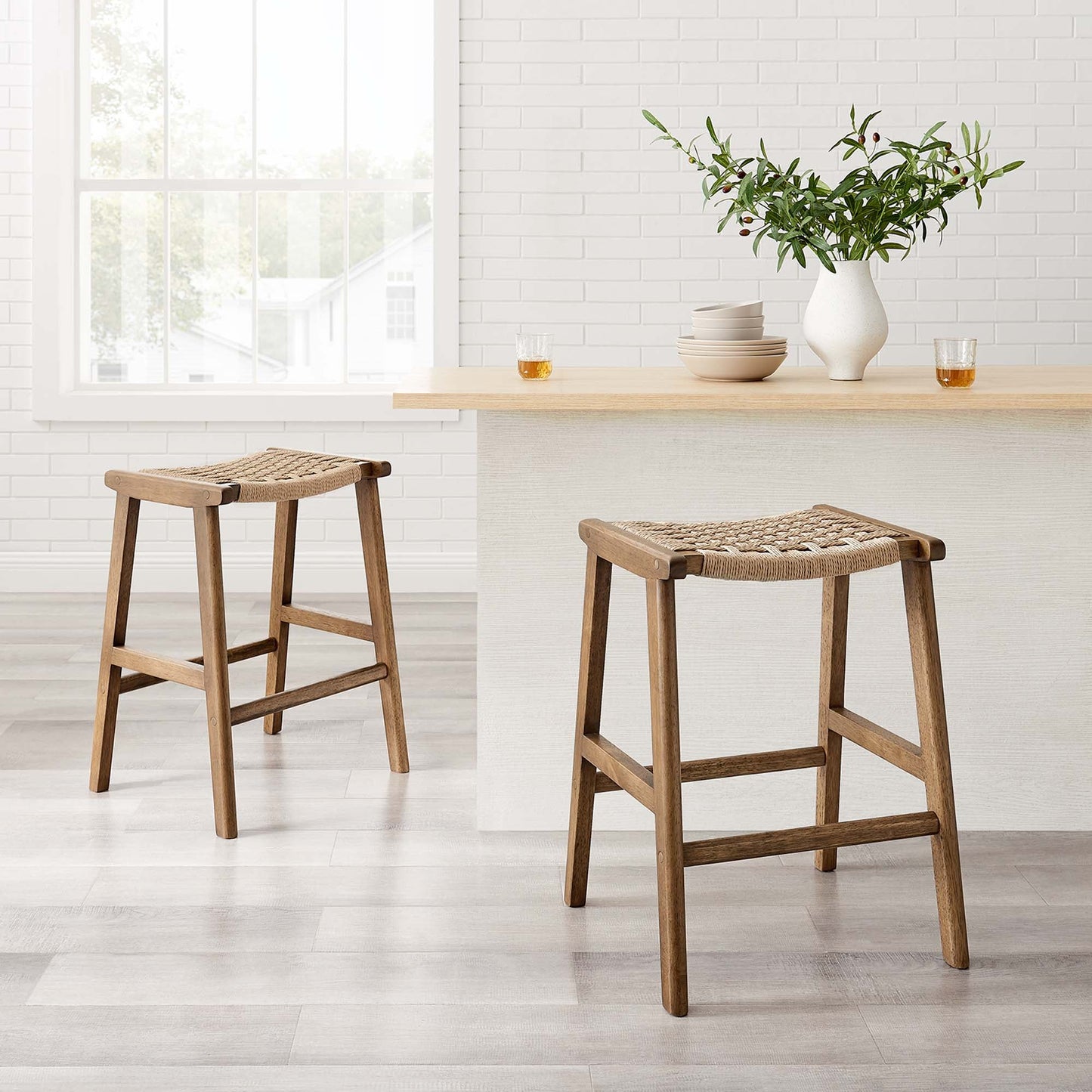Saoirse Woven Rope Wood Counter Stool Set of 2 by Modway EEI-6548-WAL-NAT