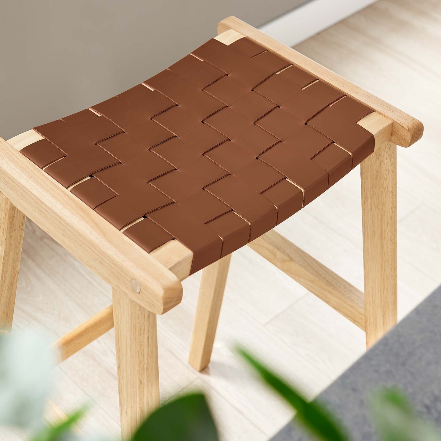 Saoirse Leather Wood Bar Stool Set of 2 by Modway EEI-6549-NAT-BRN