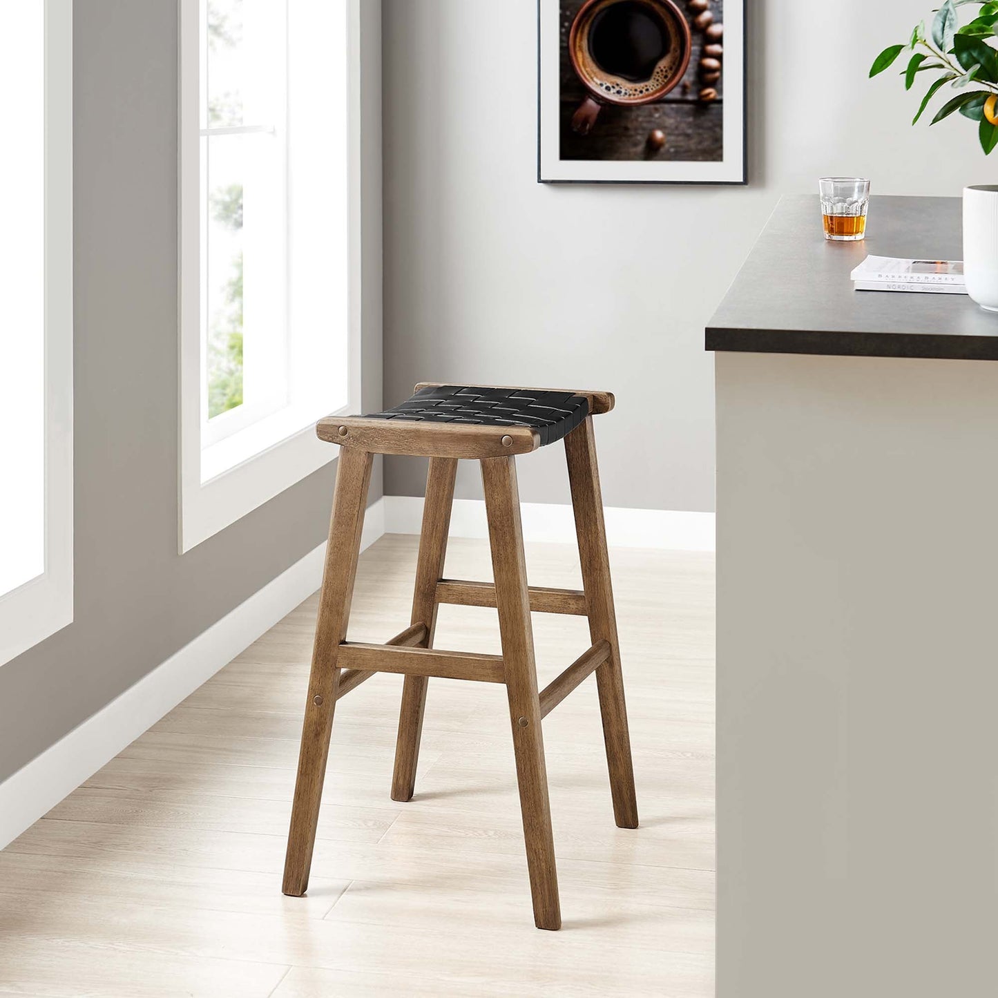Saoirse Leather Wood Bar Stool Set of 2 by Modway EEI-6549-WAL-BLK