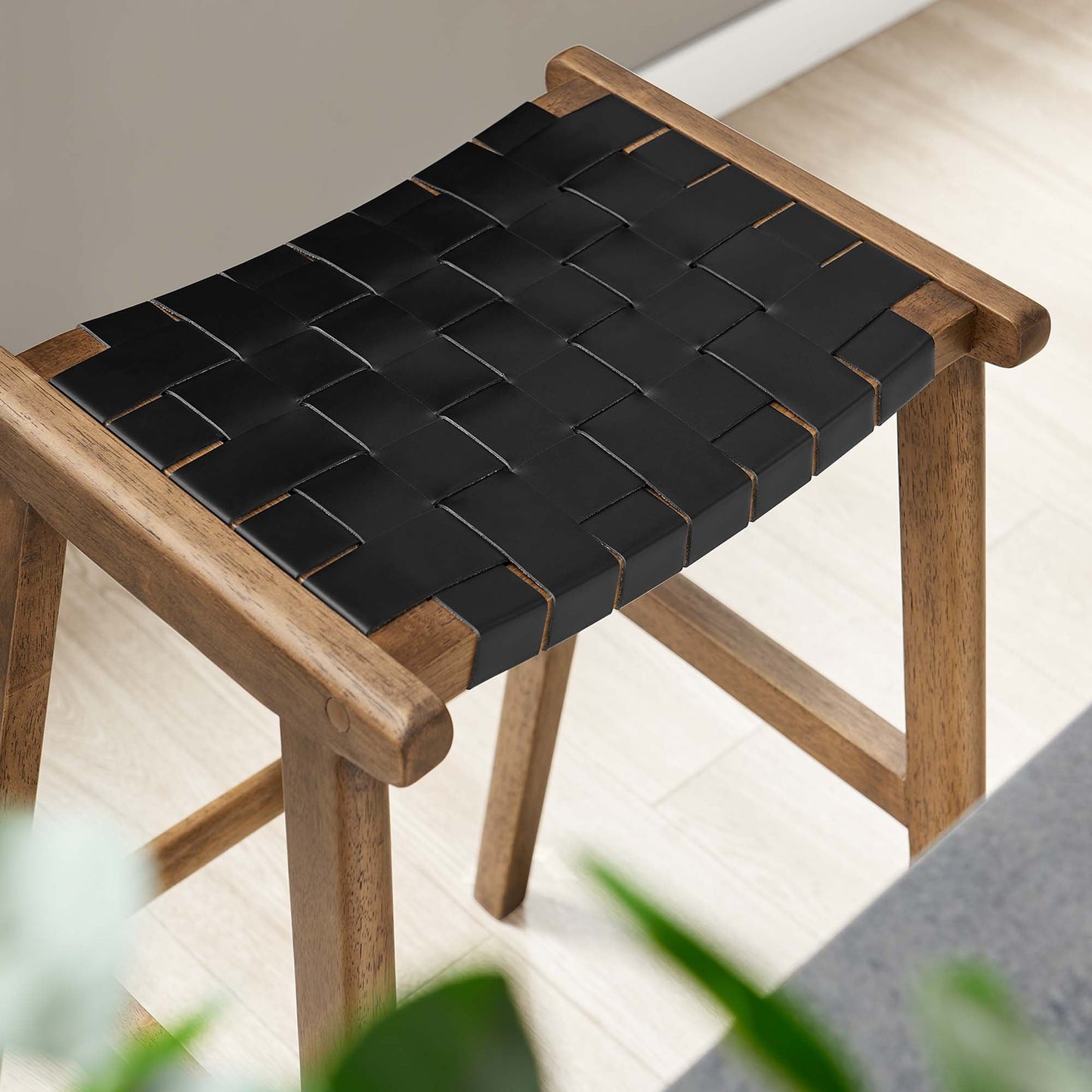 Saoirse Leather Wood Bar Stool Set of 2 by Modway EEI-6549-WAL-BLK