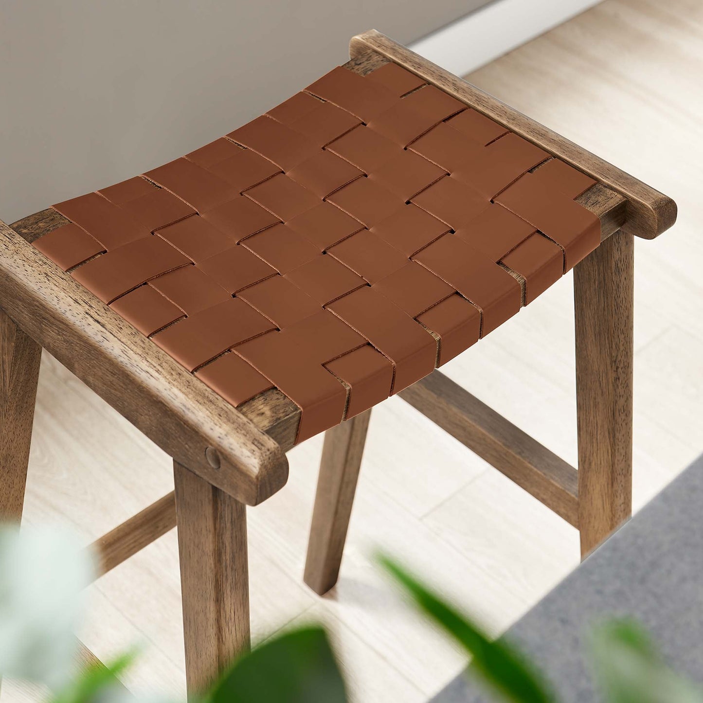 Saoirse Leather Wood Bar Stool Set of 2 by Modway EEI-6549-WAL-BRN