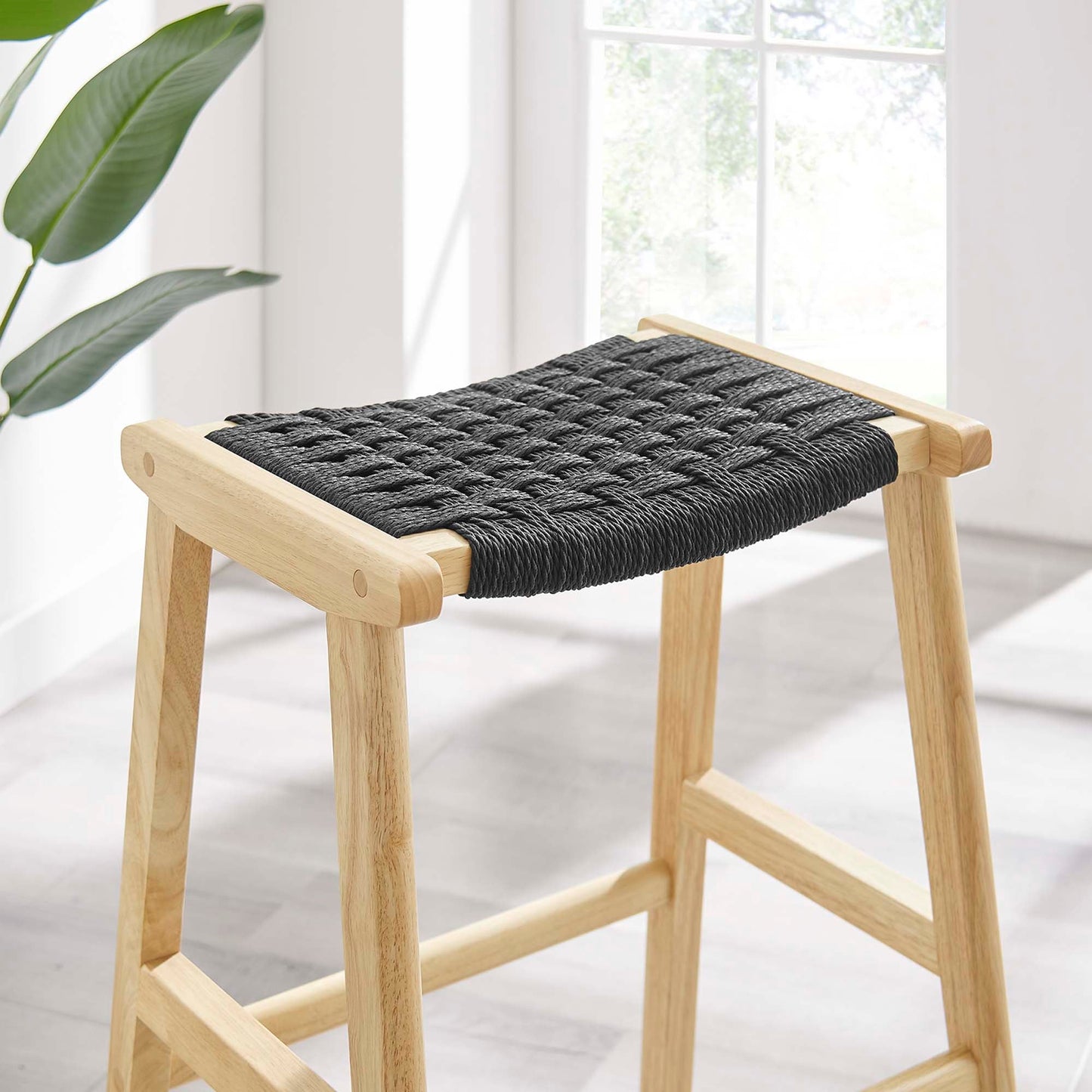 Saoirse Woven Rope Wood Bar Stool Set of 2 by Modway EEI-6550-NAT-BLK