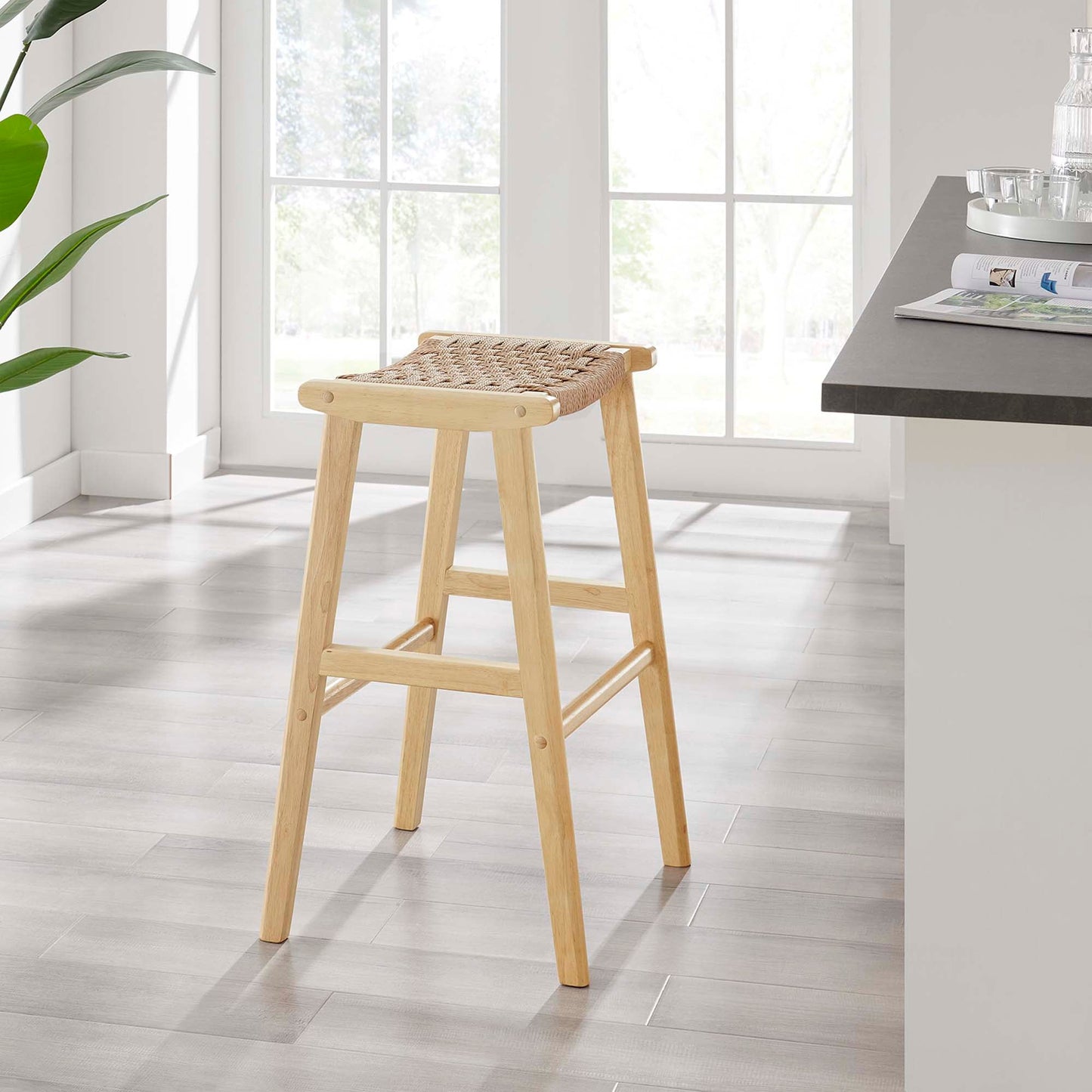 Saoirse Woven Rope Wood Bar Stool Set of 2 by Modway EEI-6550-NAT-NAT