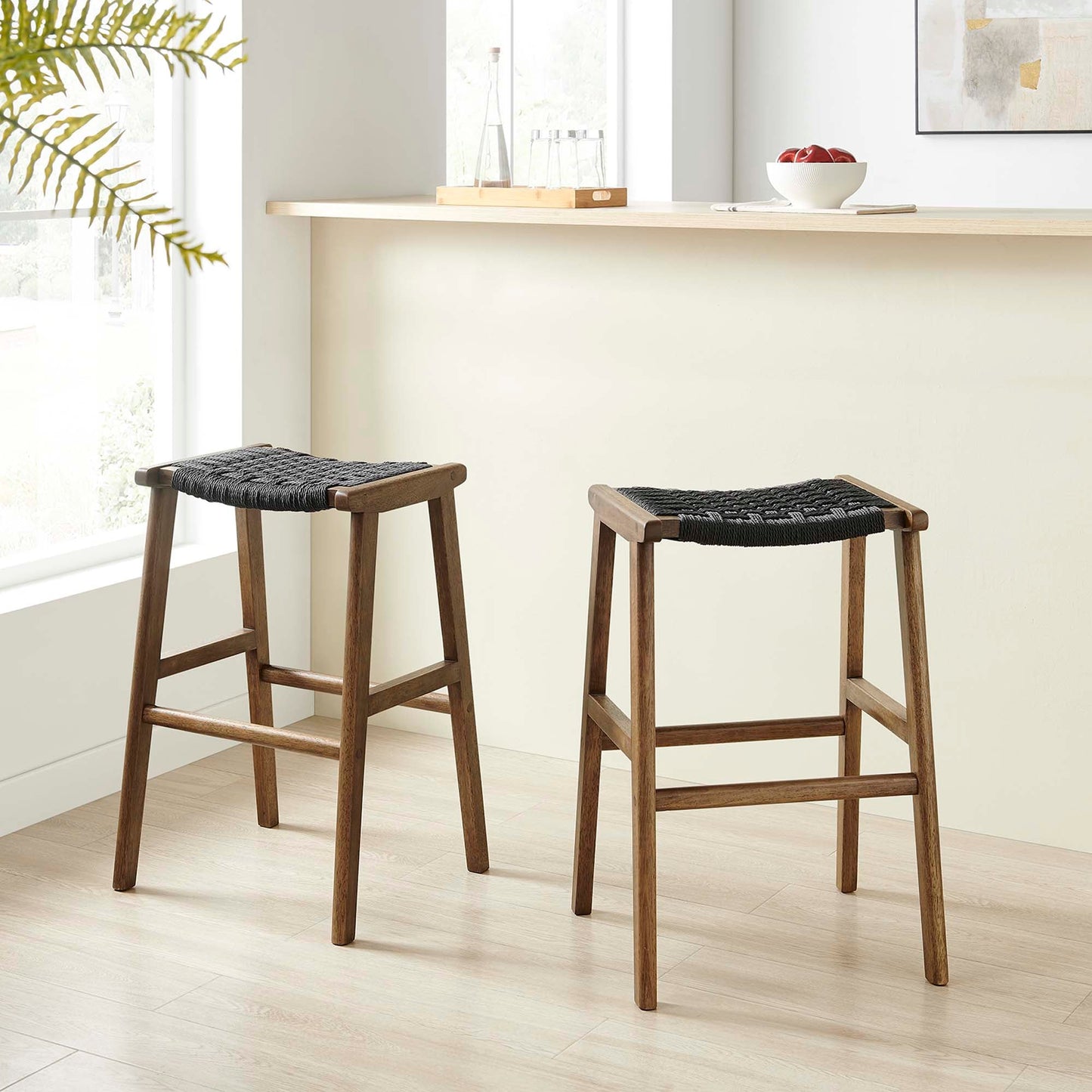 Saoirse Woven Rope Wood Bar Stool Set of 2 by Modway EEI-6550-WAL-BLK