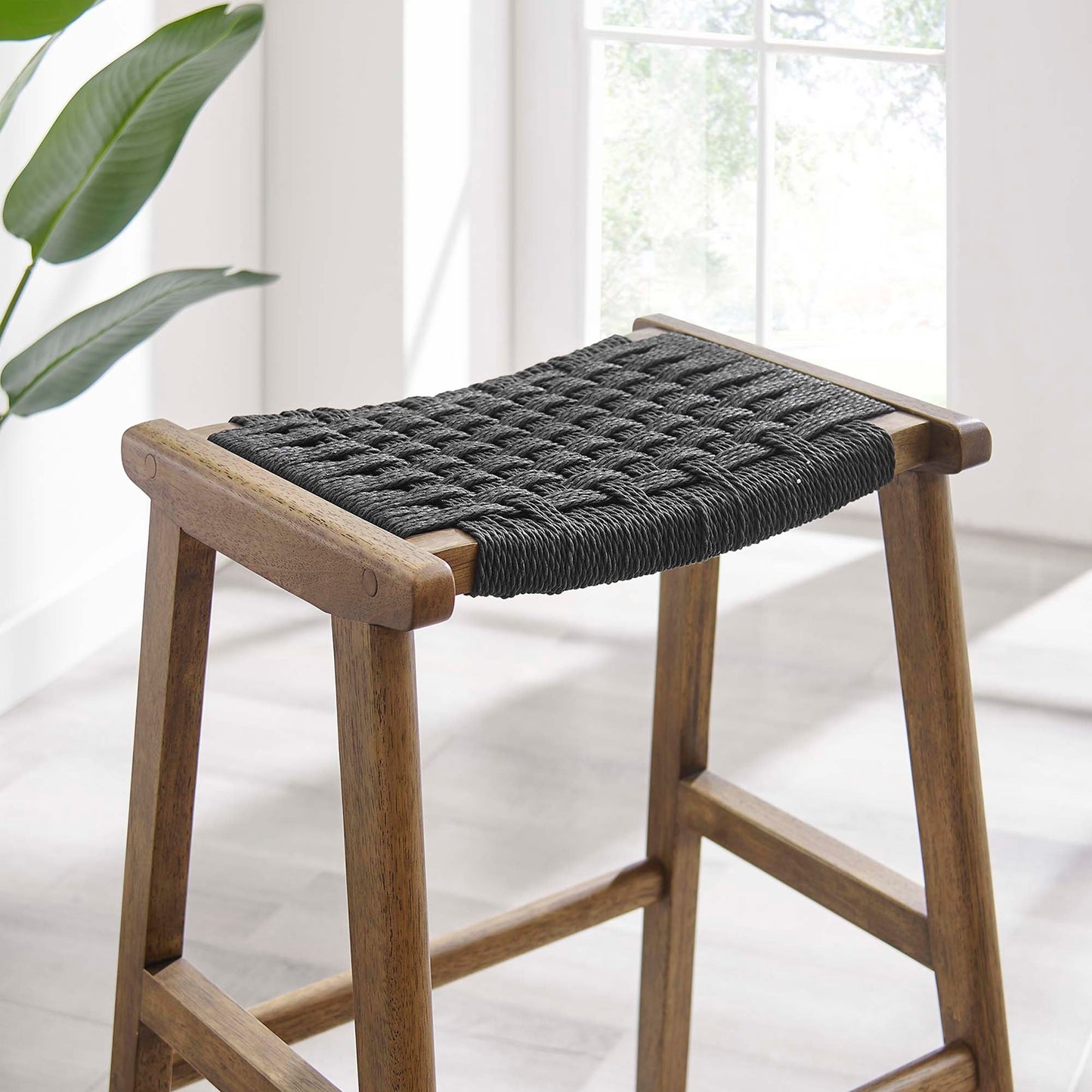 Saoirse Woven Rope Wood Bar Stool Set of 2 by Modway EEI-6550-WAL-BLK