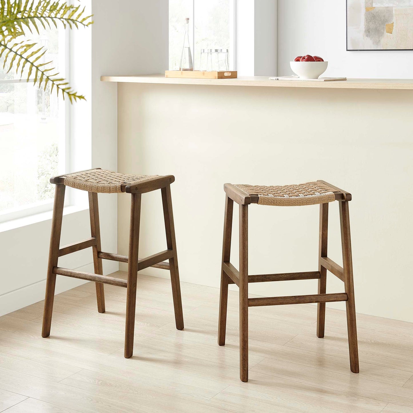 Saoirse Woven Rope Wood Bar Stool Set of 2 by Modway EEI-6550-WAL-NAT
