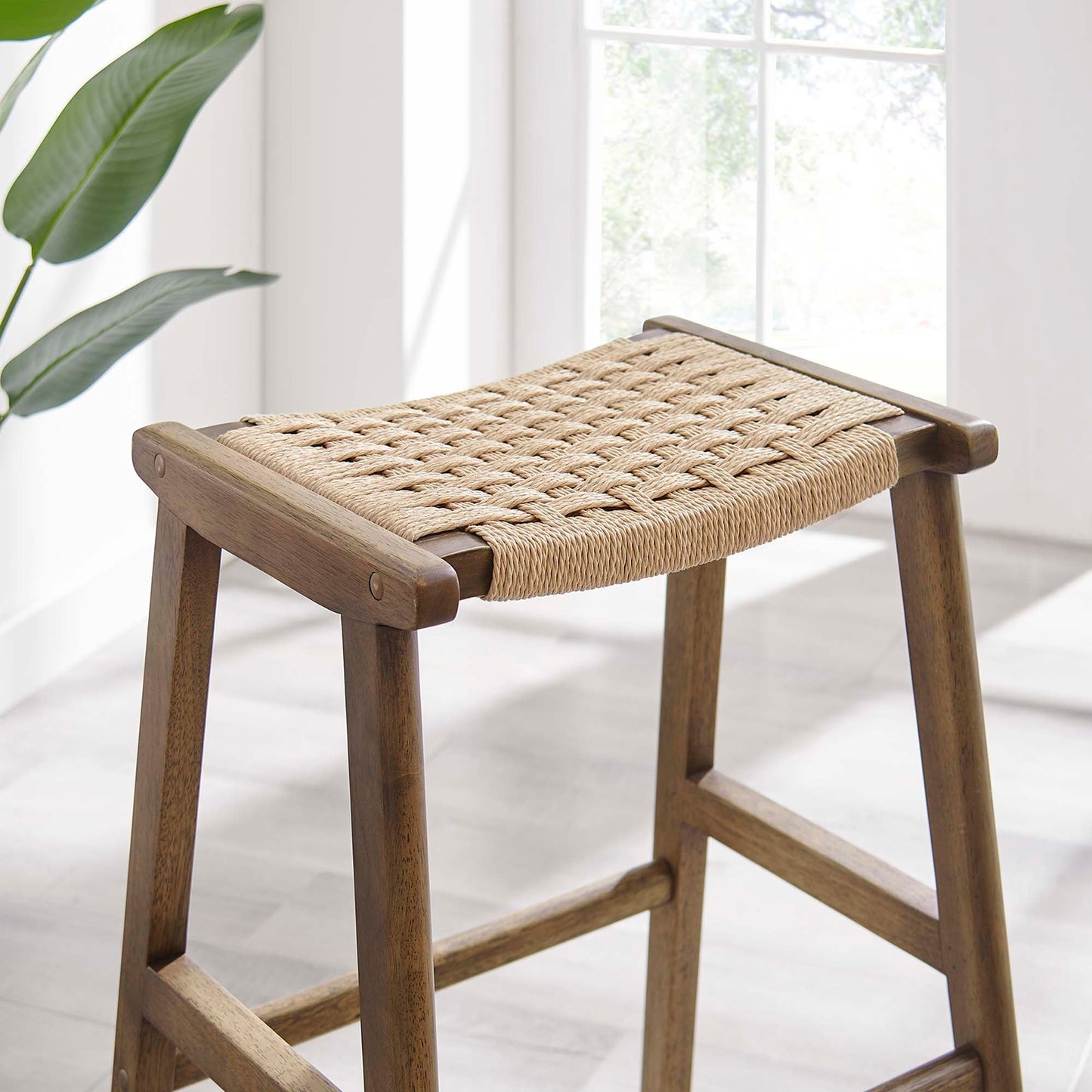 Saoirse Woven Rope Wood Bar Stool Set of 2 by Modway EEI-6550-WAL-NAT
