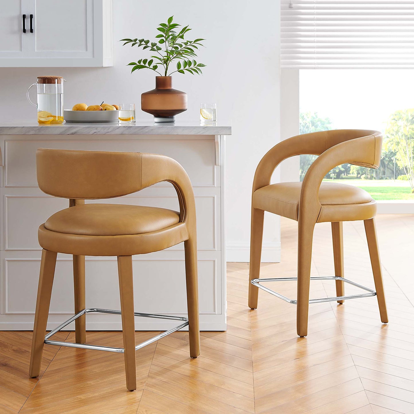 Pinnacle Vegan Leather Counter Stool Set of 2 by Modway EEI-6564-TAN-SLV