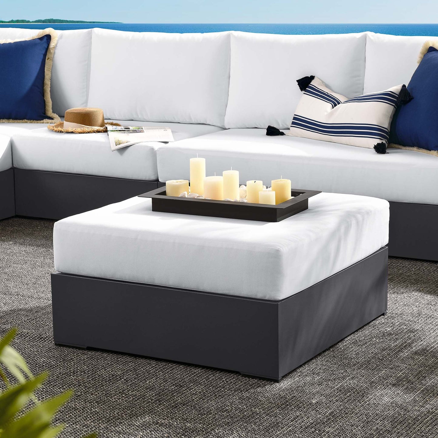 Tahoe Outdoor Patio Powder-Coated Aluminum Ottoman by Modway EEI-6627-GRY-WHI