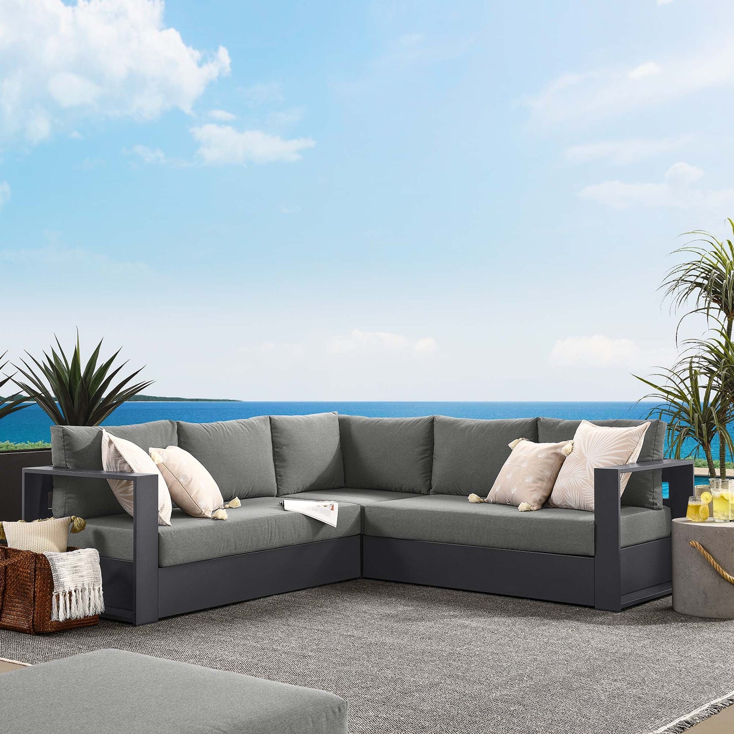 Tahoe 3-Piece Outdoor Patio Powder-Coated Aluminum Sectional Sofa Set by Modway EEI-6668-GRY-CHA