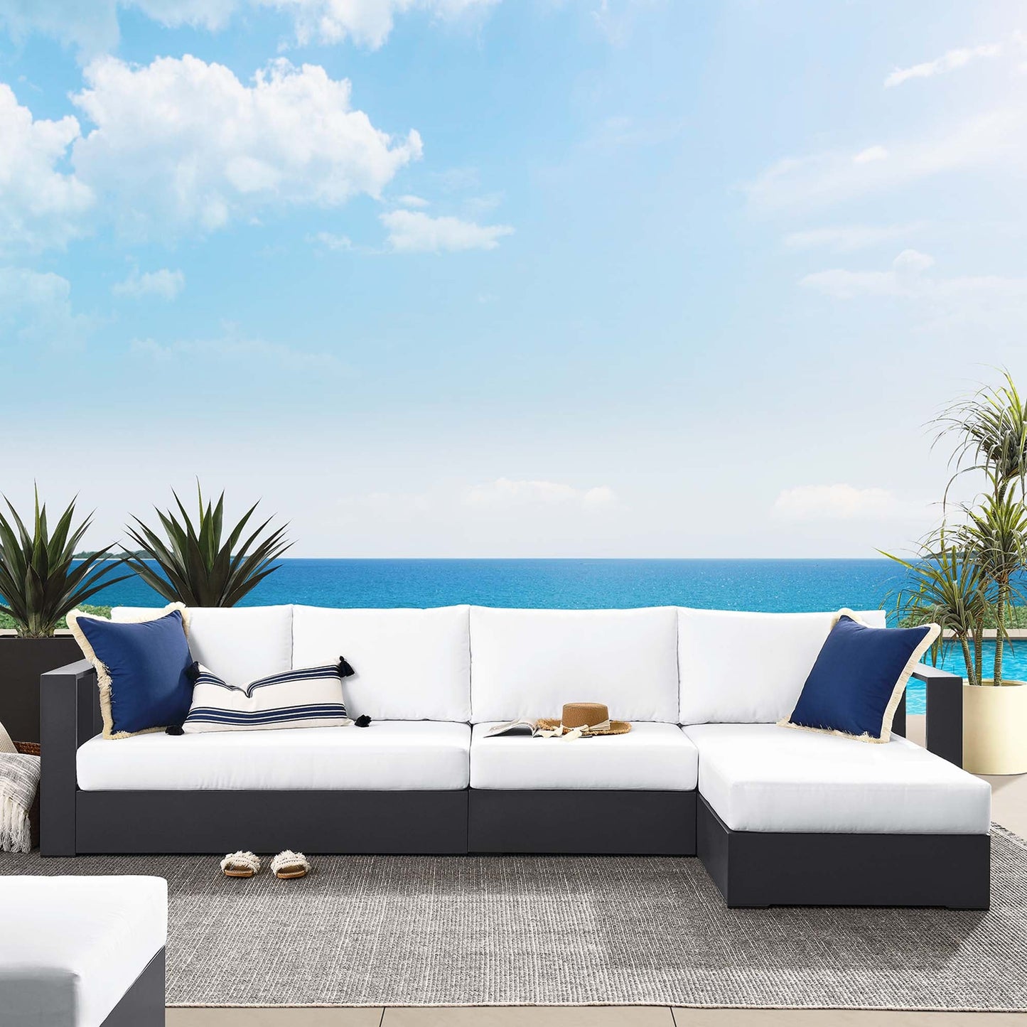 Tahoe 3-Piece Outdoor Patio Powder-Coated Aluminum Right-Facing Chaise Sectional Sofa Set by Modway EEI-6671-GRY-WHI